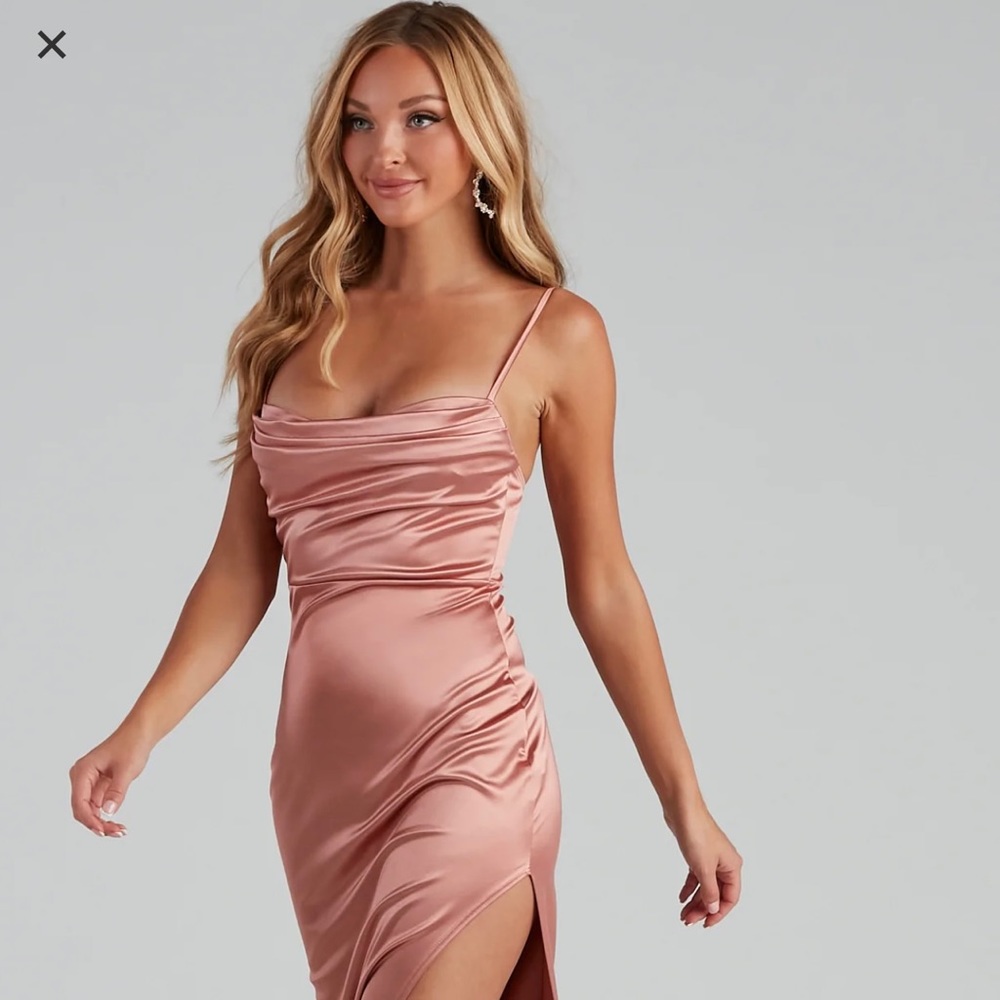 Lola High Slit Satin Dress in Rose Gold